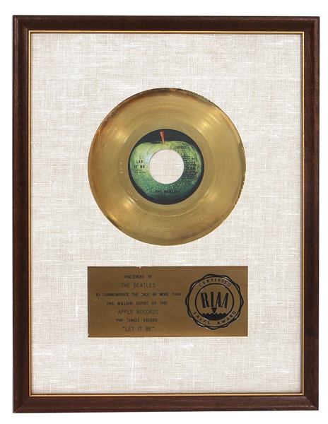 The Beatles “Let It Be” Original RIAA White Matte 45 Gold Record Award Presented to The Beatles