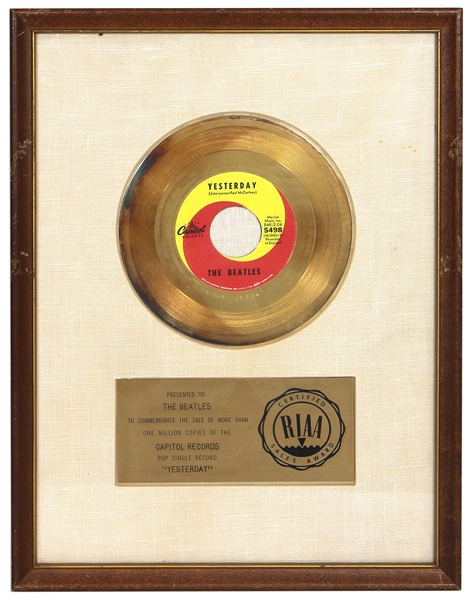 The Beatles “Yesterday” Original RIAA White Matte 45 Gold Record Award Presented to The Beatles