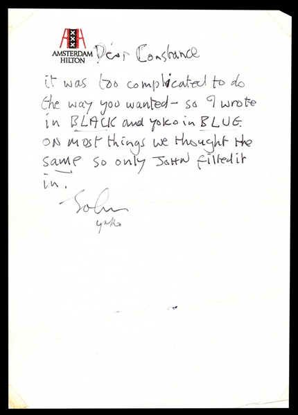 John Lennon & Yoko Ono 1969 Amsterdam Bed-In Archive Featuring Lennon Handwritten Letter and "I Want Peace and Food" Filled Out Questionnaire (Caiazzo & REAL) 
