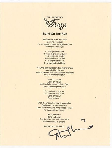 Paul McCartney and Wings Denny Laine Signed "Band On The Run" Printed Lyrics JSA