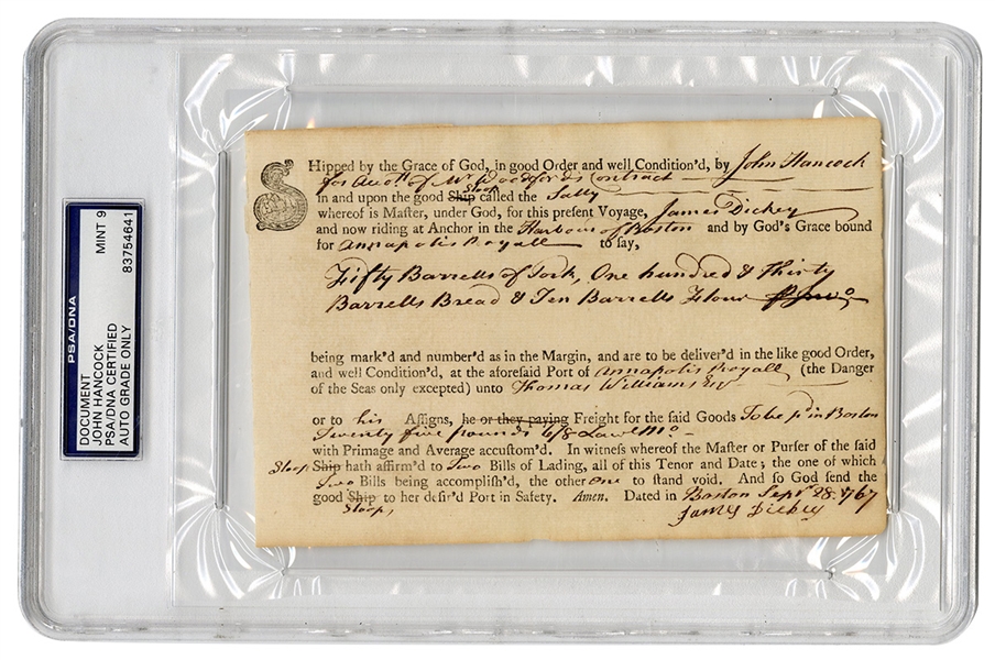 John Hancock Handwritten & Signed Document (PSA/DNA Encapsulated Graded 9)