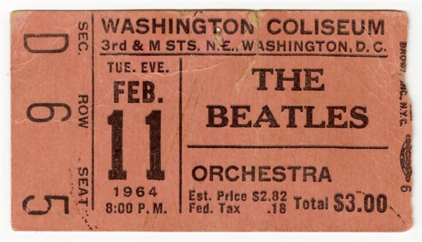 The Beatles 1964 Washington Coliseum Ticket Stub (First American Beatles Concert)