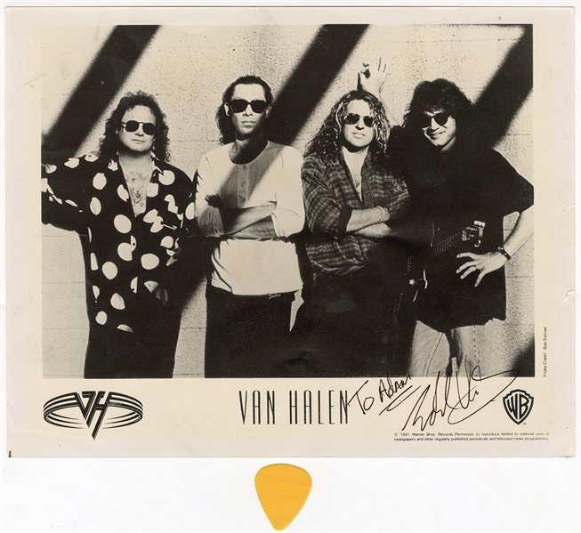 Eddie Van Halen Signed & Inscribed Band Photograph and Stage Used Guitar Pick (REAL)