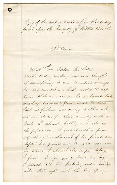 Original First Transcription of John Wilkes Booth Diary Regarding Lincoln Assassination Used for Co-Conspirator John Sarratt, Jr. Trial with Edwards Pierreport Handwritten "Diary" on Last Page