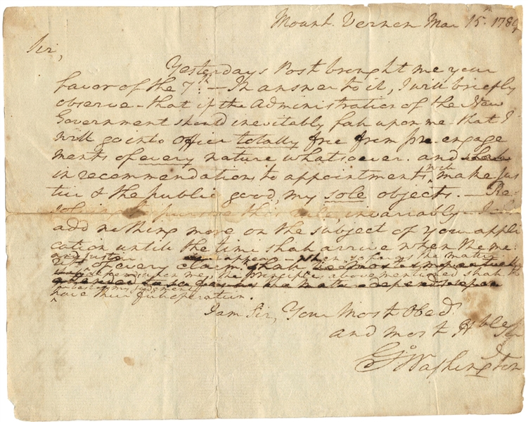 George Washington Handwritten and Signed Letter on Becoming the 1st President of the United States Vows he Will Make Justice and Public Good My Sole Objects