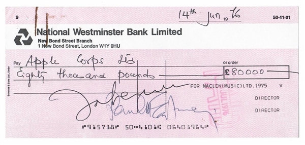 Paul McCartney and John Lennon Dual-Signed 1976 MacLen Music Check (REAL)