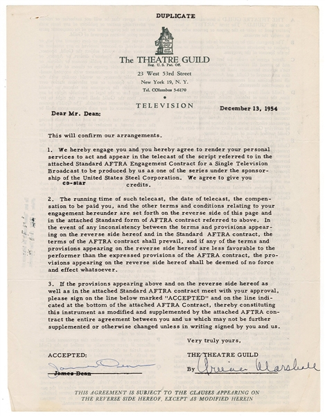 James Dean Signed 12/13/1954 Theatre Guild Contract (JSA)