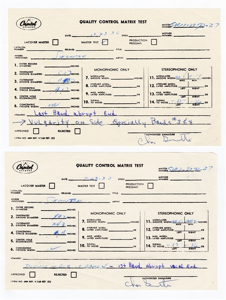 The Rolling Stones Original Capital Records Sheets for Censoring the Album “Beggars Banquet”