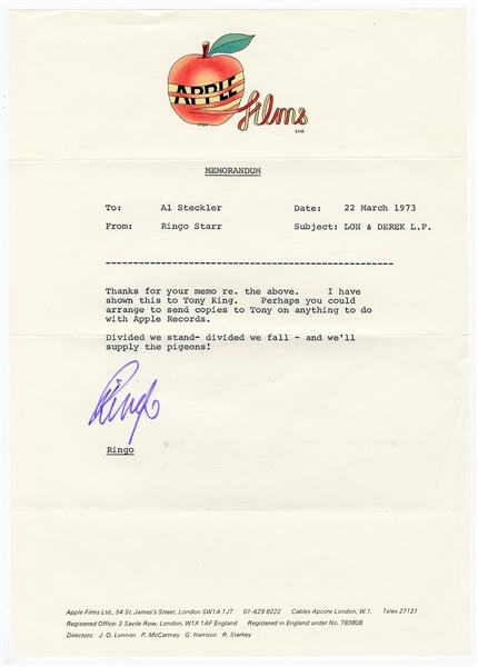 The Beatles Ringo Starr Signed Letter on Apple Stationary (REAL)
