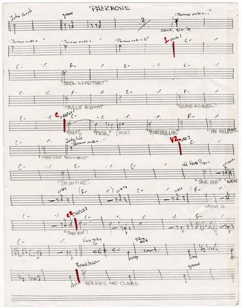 Prince Personal Studio “Pheromone” Lyric Sheet with Handwritten Annotations and Lyrics (REAL)