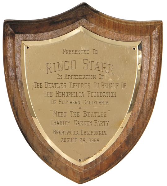 Ringo Starr Personally Owned Plaque Presented to Ringo in Brentwood, California, 24 August 1964 (Photo-Matched)