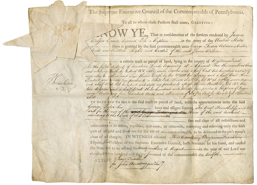 Benjamin Franklin Signed Important Land Grant Document (JSA)