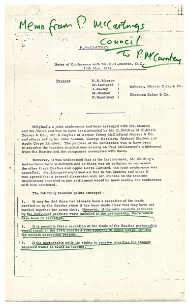 John Lennon Annotated Beatles Break-Up Court Document Relating To Paul McCartney 1971 (Caiazzo & REAL)