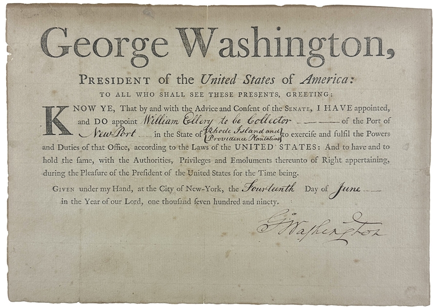 George Washington Signed Presidential Appointment for Declaration of Independence Signer William Ellery (Beckett)  