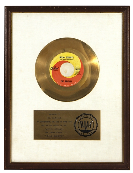 The Beatles “Hello Goodbye” Original RIAA White Matte 45 Gold Record Award Presented to The Beatles