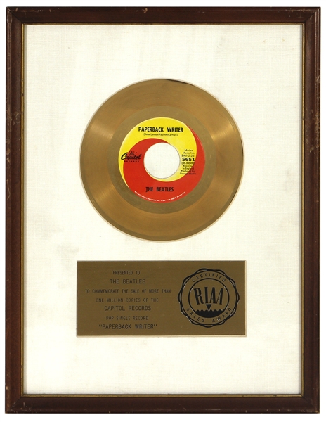 The Beatles "Paperback Writer" Original RIAA White Matte Record Award 