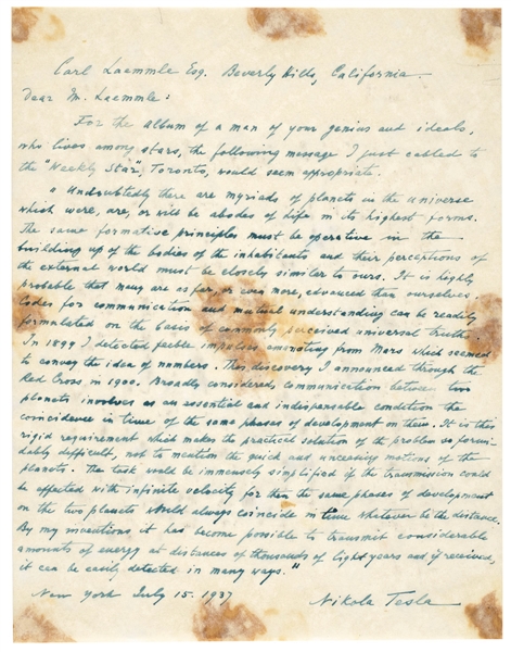 Nikola Tesla “Extraterrestrial Life on Mars” Handwritten & Signed 1937 Letter