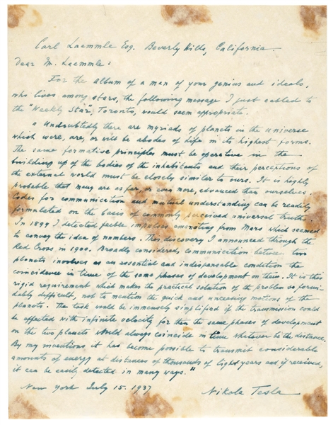 Nikola Tesla “Extraterrestrial Life on Mars” Handwritten & Signed 1937 Letter