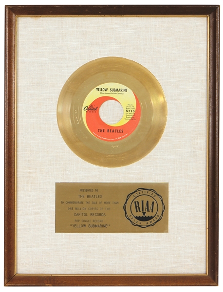 The Beatles “Yellow Submarine” Original RIAA White Matte 45 Gold Record Award Presented to The Beatles