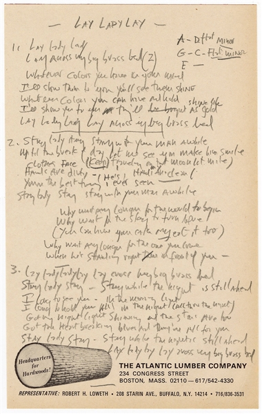 Bob Dylan Original Handwritten Lyrics and Chord Annotations for “Lay Lady Lay” From The Collection of Bob Dylan