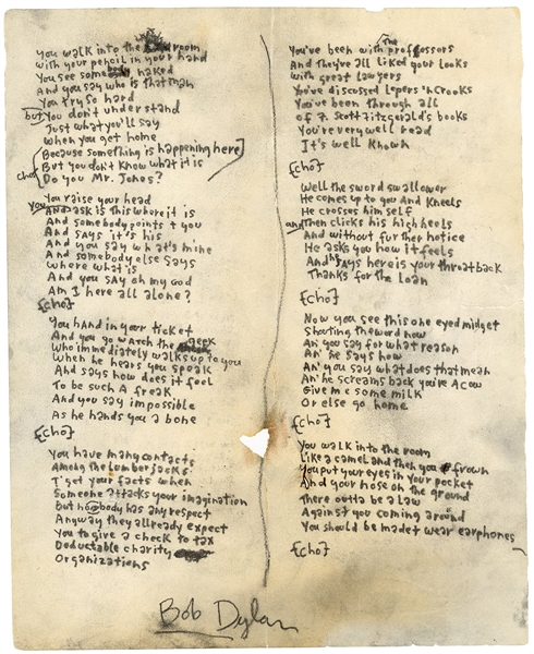 Bob Dylan Handwritten & Signed "Ballad of a Thin Man" Working Lyrics (JSA, James Blanco LOA and Clinton Heylin LOA)