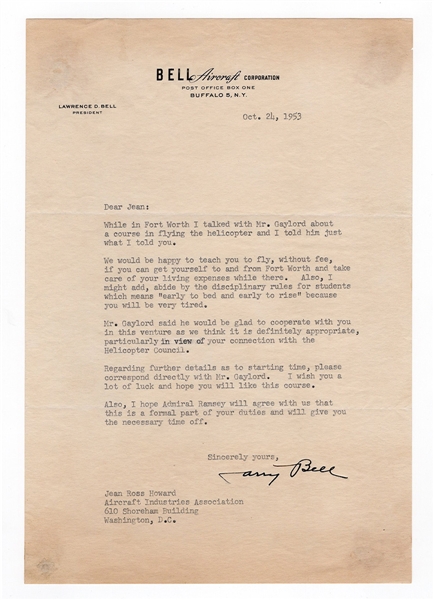 Larry Bell Signed Letter With Photograph (Bell Aircraft)