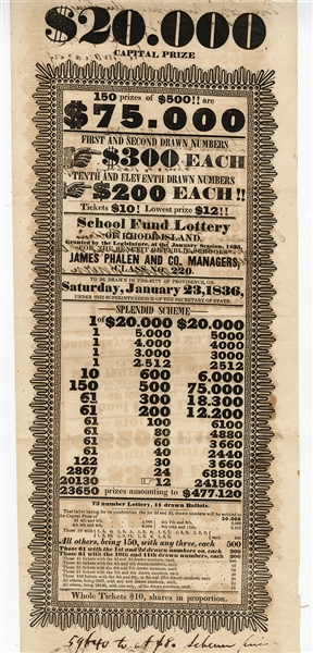 1836 State of Rhode Island Lottery Document