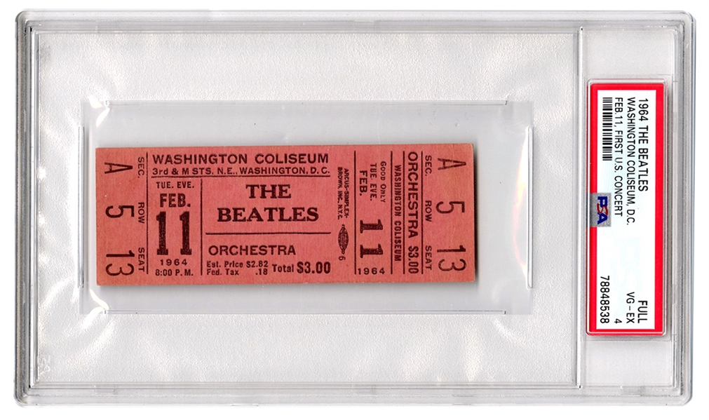 The Beatles First U.S. Concert (2/11/64 Washington Coliseum D.C.) Full Concert Ticket Only Example Graded by PSA! (PSA 4)