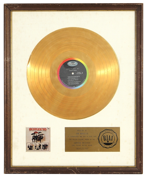 The Beatles “Beatles 65” RIAA White Matte Gold Album Award Presented to The Beatles