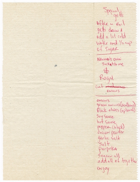 Tupac Shakur Handwritten “Special Getti” Food Recipe (JSA)