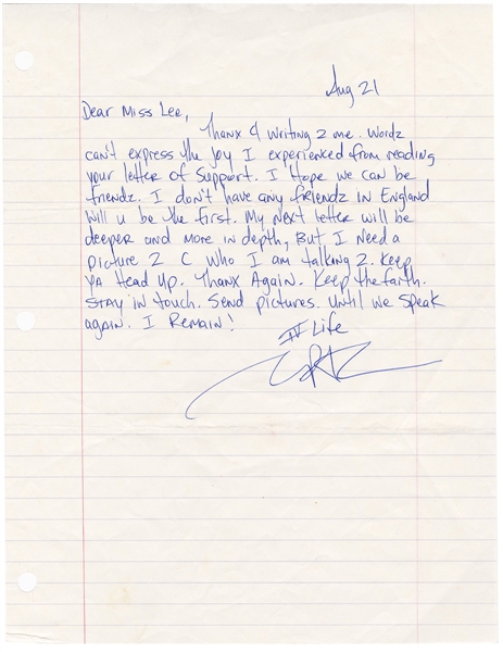 Tupac Shakur Handwritten & Signed “First Friend in England” Letter (JSA)