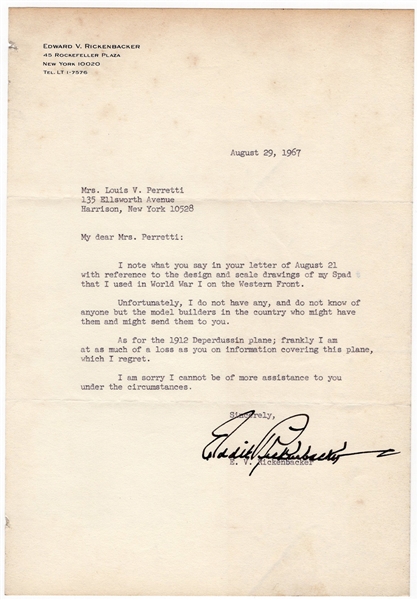 Flying Ace Eddie Rickenbacker Signed Photograph and Letter 