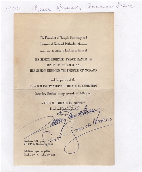 Prince Rainier & Princess Grace Signed 1956 Philatelic Exhibition in Their Honor