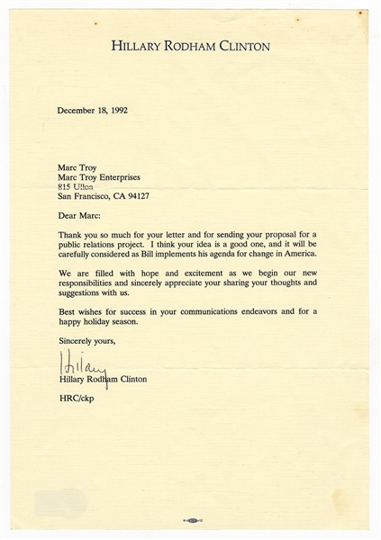 Hillary Clinton Typed Signed Letter (Beckett)