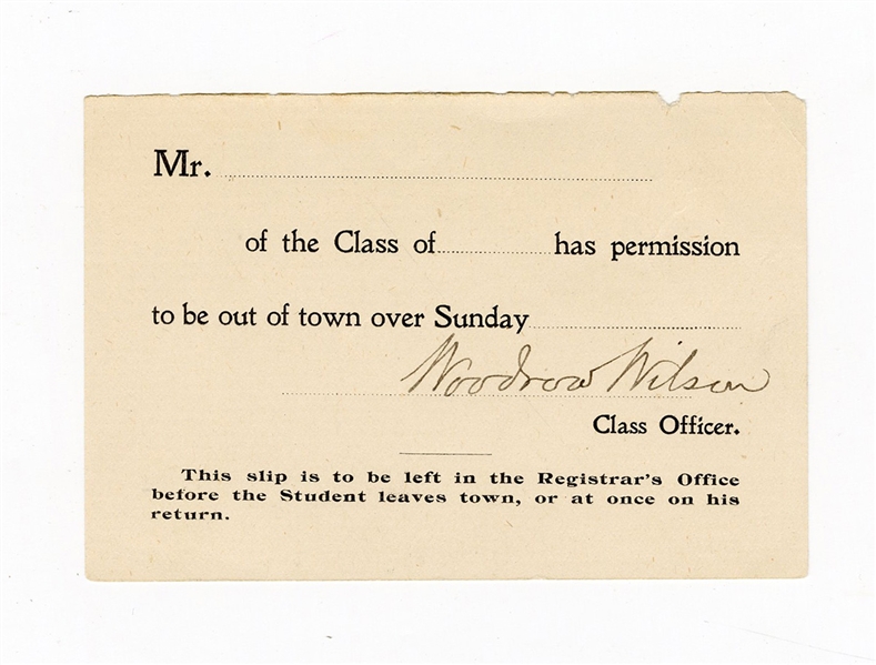 Woodrow Wilson Signed Class Officer Slip (Beckett)