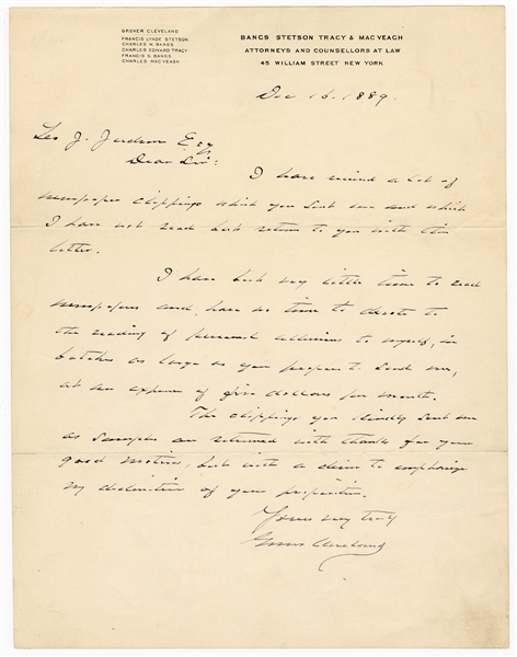 Grover Cleveland Handwritten & Signed Letter