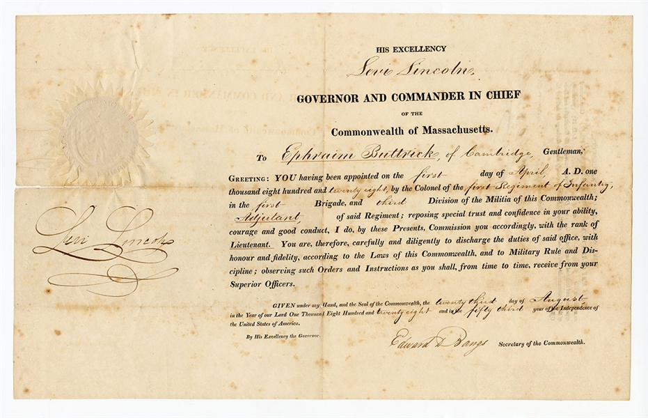 Massachusetts Governor Levi Lincoln Signed 1828 Militia Appointment Document