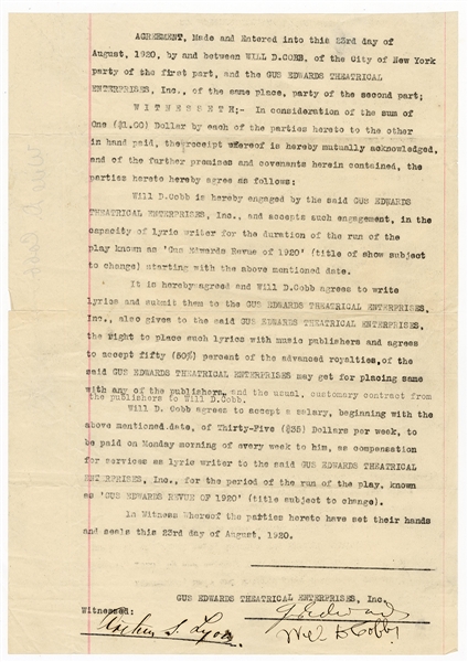 Lyricist/Composer Mel D. Cobb Original 1920 Carbon Copy Contract 