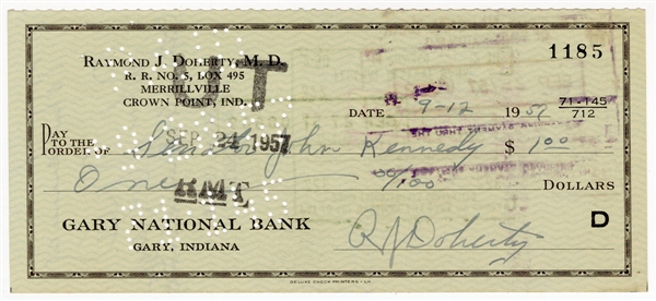 Senator John Kennedy Original 1957 Campaign Contribution Check 