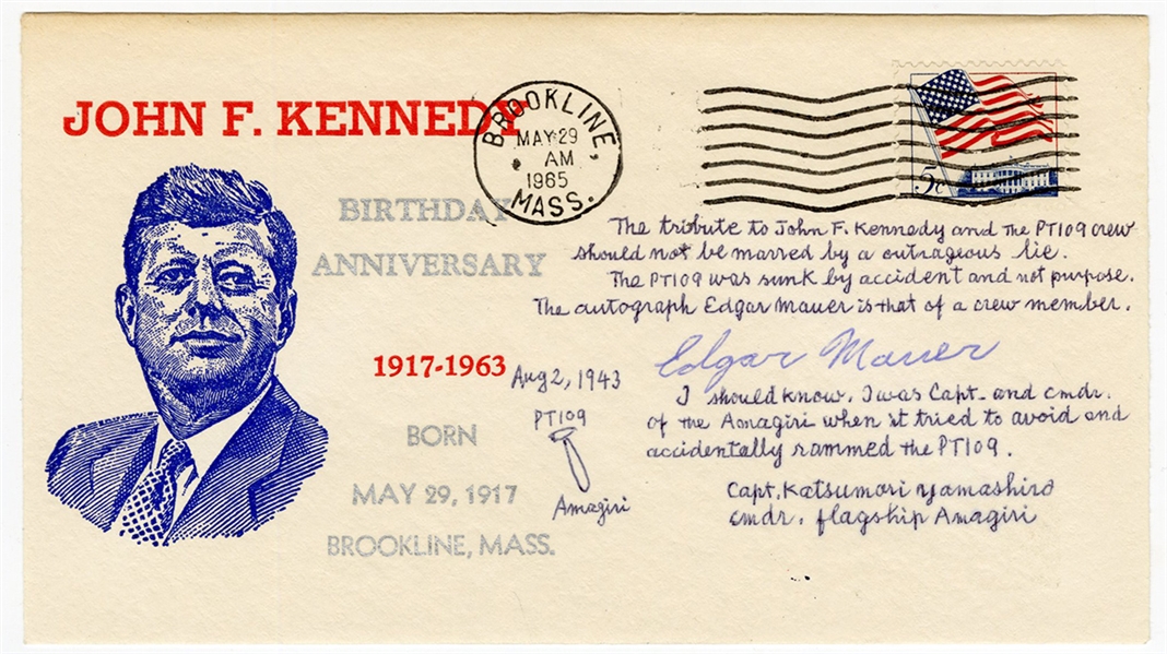 John F. Kennedy Original First Day Cover 1965 with Signed Statement from Japanese Amagiri Ship Commander