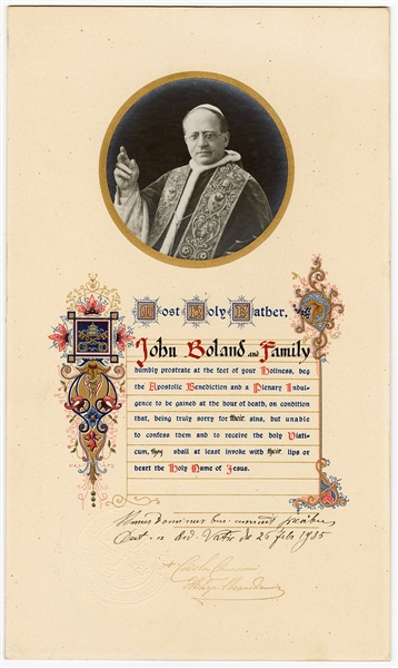 Pope Pius XII Original 1935 Vatican Benediction Certificate