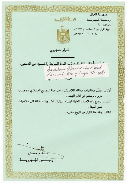 Saddam Hussein Signed 1999 Document