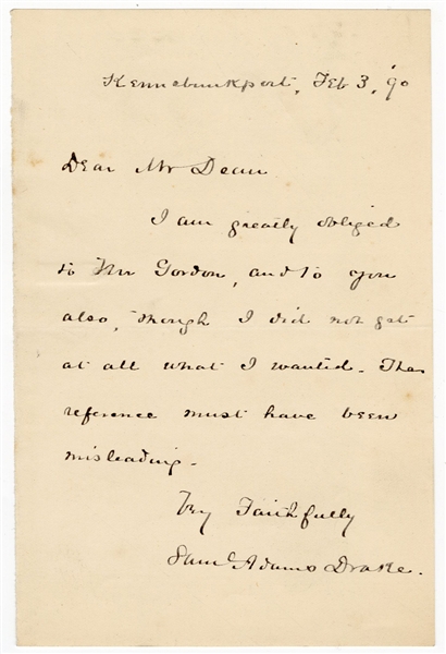 Journalist Samuel Adams Drake Handwritten & Signed Letter 1890