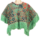 Joni Mitchell Owned & Worn Green Knit Fringed Poncho with Orange Flowers