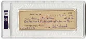 "Worlds Foremost Magician Blackstone" Harry Blackstone Endorsed Check (PSA/DNA  NM-MINT 8)
