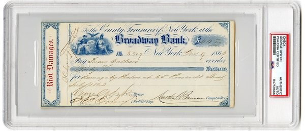 Civil War Mayor George Opdyke Signed NYC Draft Riots Check (PSA/DNA Authentic)