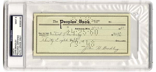 John Bradley Signed Check Battle of Iwo Jima (PSA/DNA Mint 9)