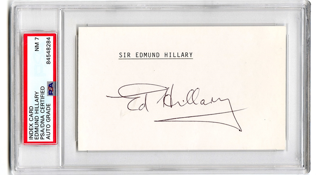 Edmund Hillary Signed Index Card Mount Everest Climber (PSA/DNA NM 7)
