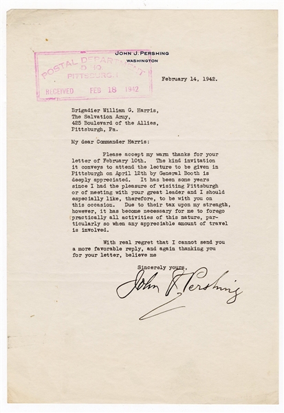 John J. Pershing Signed Letter (1942 re: Salvation Army)