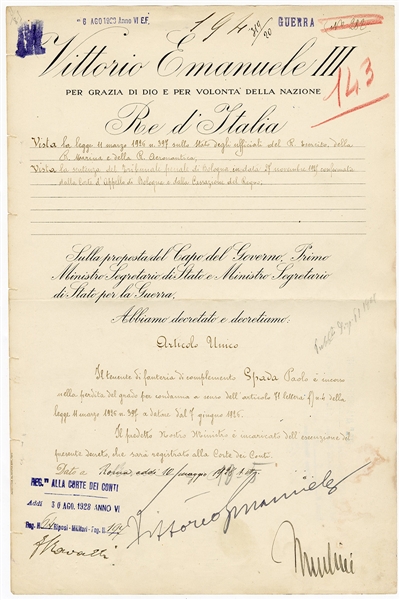 King Vittorio III and Benito Mussolini Signed Document